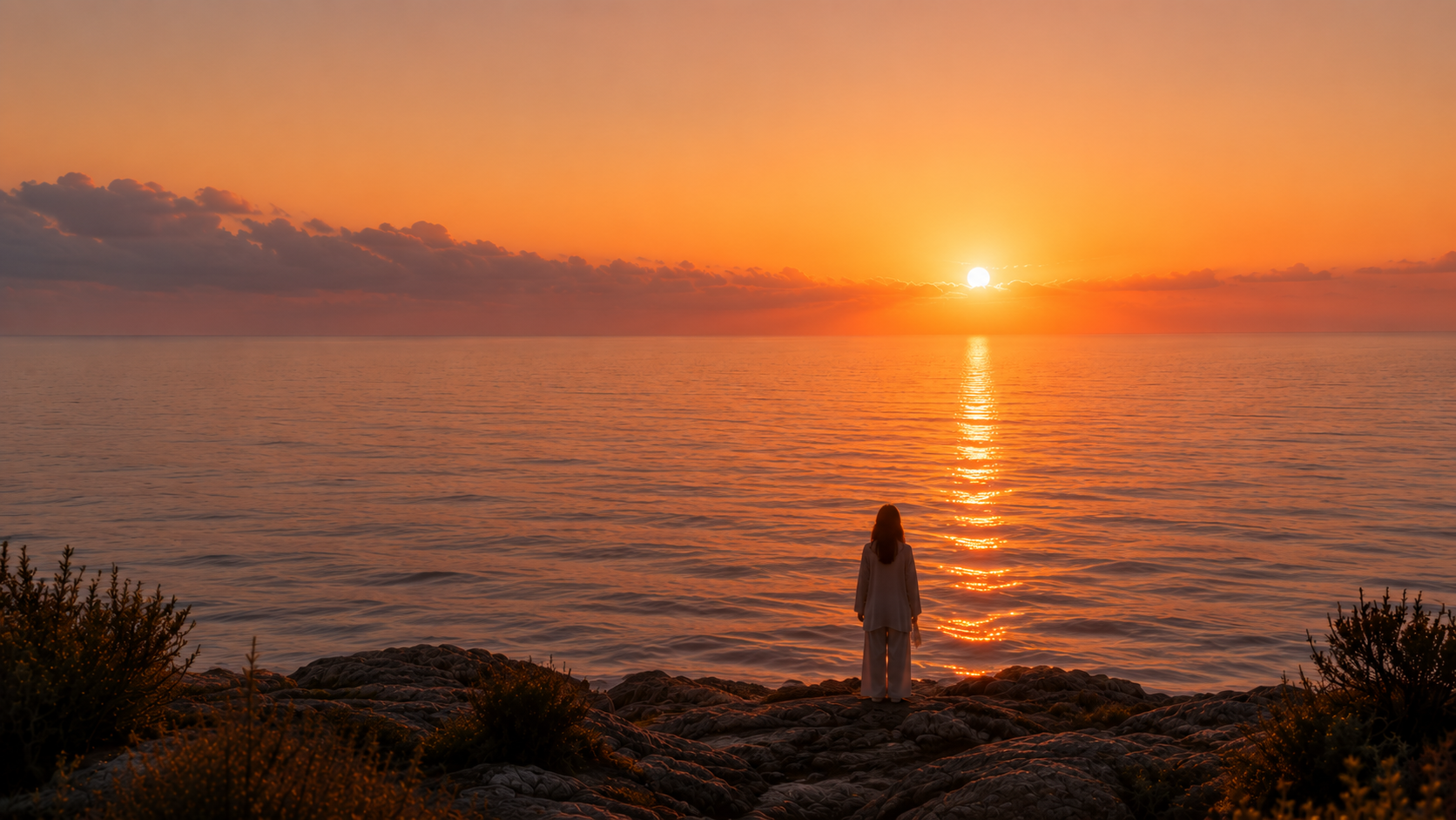 Mujer contemplando el amanecer frente al mar